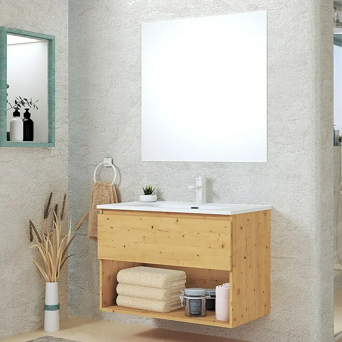 Artysan Conjunto de mueble de baño Vela - Ancho: 80 cm, Pino, 3 pzs. - Cuarto de baño moderno con mueble de lavabo de madera clara, un gran espejo y elementos decorativos para un ambiente elegante.