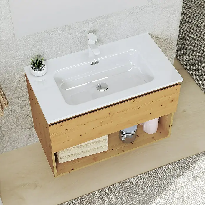Artysan Conjunto de mueble de baño Vela - Ancho: 80 cm, Pino, 3 pzs. - Mueble de baño moderno con base de madera y lavabo, ideal para cualquier baño. Mucho espacio para toallas y esenciales de baño.