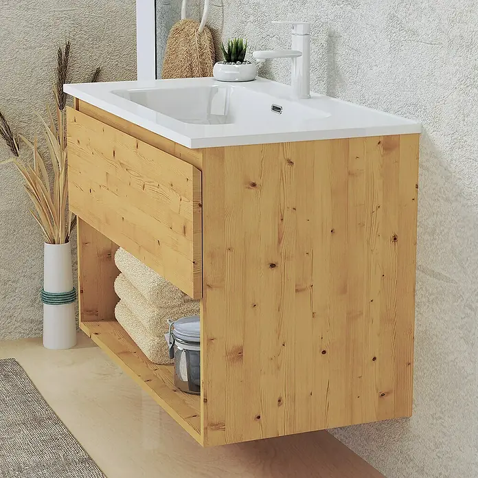Artysan Conjunto de mueble de baño Vela - Ancho: 80 cm, Pino, 3 pzs. - Un mueble bajo lavabo de madera clara con una encimera de lavabo blanca, ideal para baños modernos.