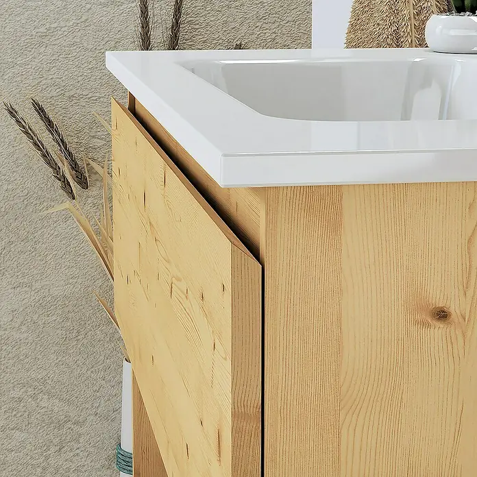 Artysan Conjunto de mueble de baño Vela - Ancho: 80 cm, Pino, 3 pzs. - Un primer plano de un mueble de baño de madera clara con encimera blanca y lavabo integrado, que muestra la veta de la madera y el diseño moderno.