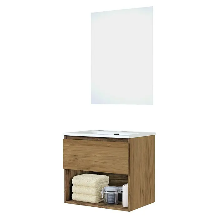 Artysan Conjunto de mueble de baño Vela - Ancho: 60 cm, Roble guadarrama, 3 pzs. - Un tocador de baño con acabado de vetas de madera, lavabo blanco y un gran espejo encima, ideal para baños contemporáneos.