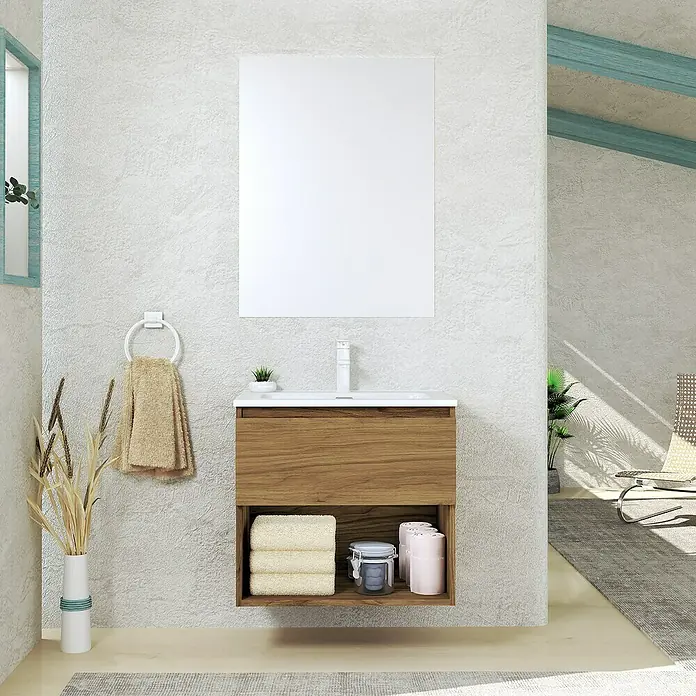 Artysan Conjunto de mueble de baño Vela - Ancho: 60 cm, Roble guadarrama, 3 pzs. - Un tocador moderno con acabado de madera y un lavabo sobre encimera blanco, ideal para un baño elegante. El espejo complementa el diseño.