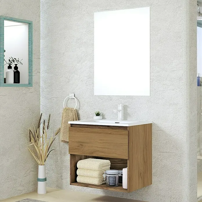 Artysan Conjunto de mueble de baño Vela - Ancho: 60 cm, Roble guadarrama, 3 pzs. - Un moderno mueble de baño con aspecto de madera con lavabo blanco y espejo, ideal para baños elegantes.