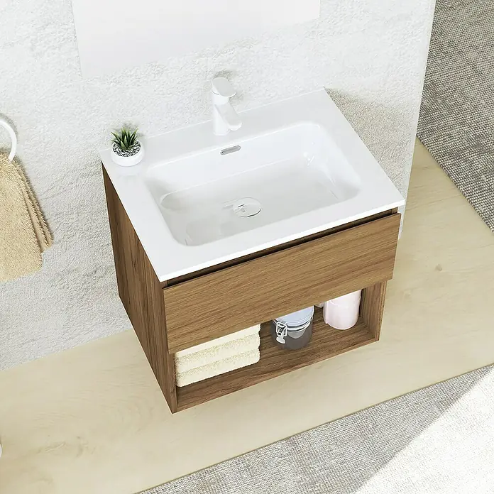 Artysan Conjunto de mueble de baño Vela - Ancho: 60 cm, Roble guadarrama, 3 pzs. - Un moderno tocador con un lavabo blanco y un mueble de madera con espacio de almacenamiento. Ideal para un baño elegante.