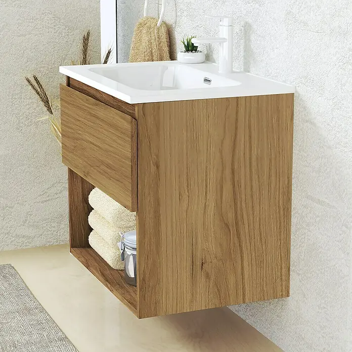 Artysan Conjunto de mueble de baño Vela - Ancho: 60 cm, Roble guadarrama, 3 pzs. - Elegante conjunto de muebles de baño con mueble de lavabo con aspecto de madera, un lavabo blanco y una estantería abierta para toallas.