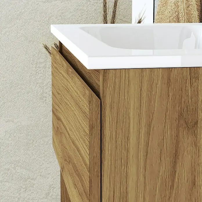 Artysan Conjunto de mueble de baño Vela - Ancho: 60 cm, Roble guadarrama, 3 pzs. - Primer plano de un lavabo con mueble de madera y lavabo blanco, que muestra un diseño de baño moderno y elegante.