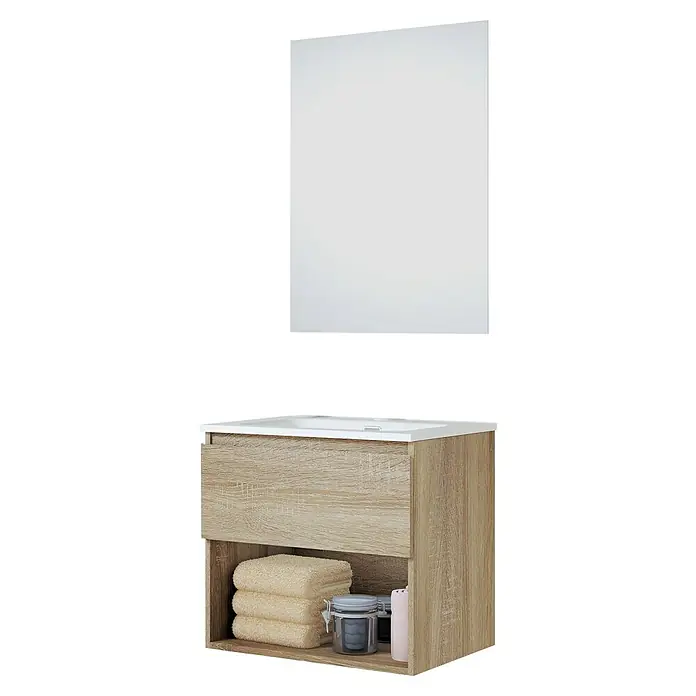 Artysan Conjunto de mueble de baño Vela - Ancho: 60 cm, Natural, 3 pzs. - Un moderno mueble de baño de madera con un lavabo blanco y un espejo a juego encima. El mueble de baño ofrece espacio de almacenamiento adicional.