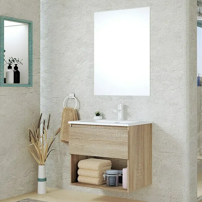 Artysan Conjunto de mueble de baño Vela - Ancho: 60 cm, Natural, 3 pzs. - Moderno baño con mueble de lavabo de madera y espejo claro que enfatiza el diseño minimalista.