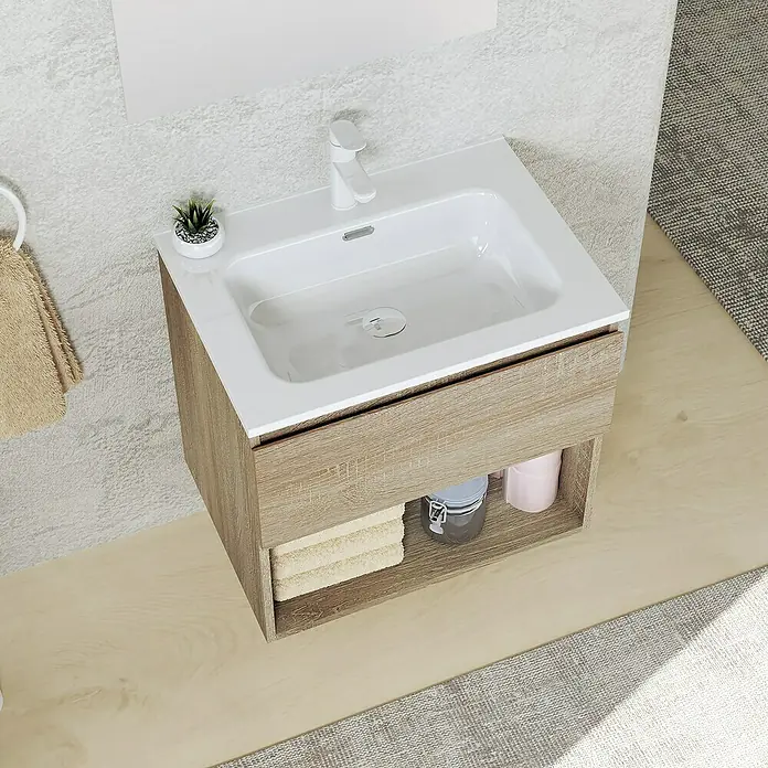 Artysan Conjunto de mueble de baño Vela - Ancho: 60 cm, Natural, 3 pzs. - Lavabo de baño moderno con mueble de madera clara, ideal para diseños de baño elegantes.