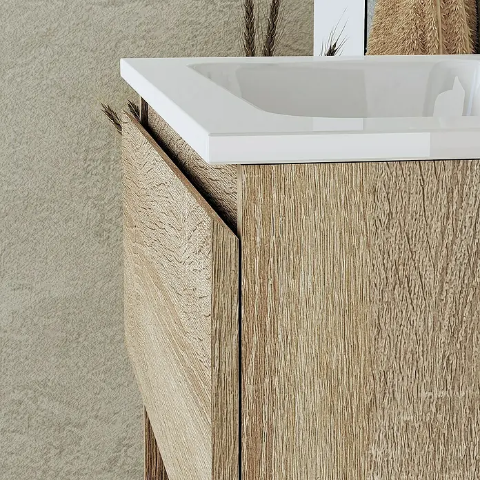Artysan Conjunto de mueble de baño Vela - Ancho: 60 cm, Natural, 3 pzs. - Primer plano de un mueble de baño con lavabo blanco, que muestra un diseño de baño moderno y elegante.