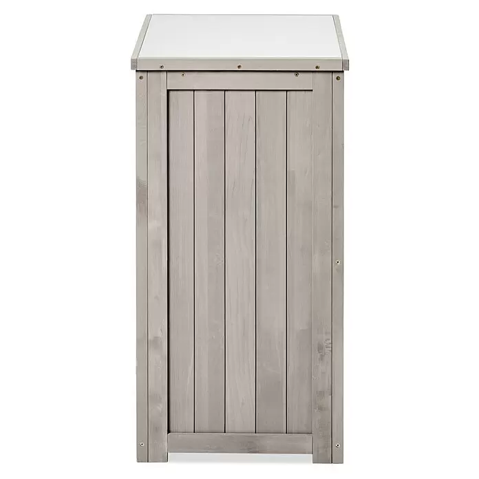 Butenkist Geräteschrank NEELE - 45 x 45 x 85 cm, Warm Grey - Hellgrauer Holz-Gartenschrank mit weißer Platte und vertikalen Holzlatten.