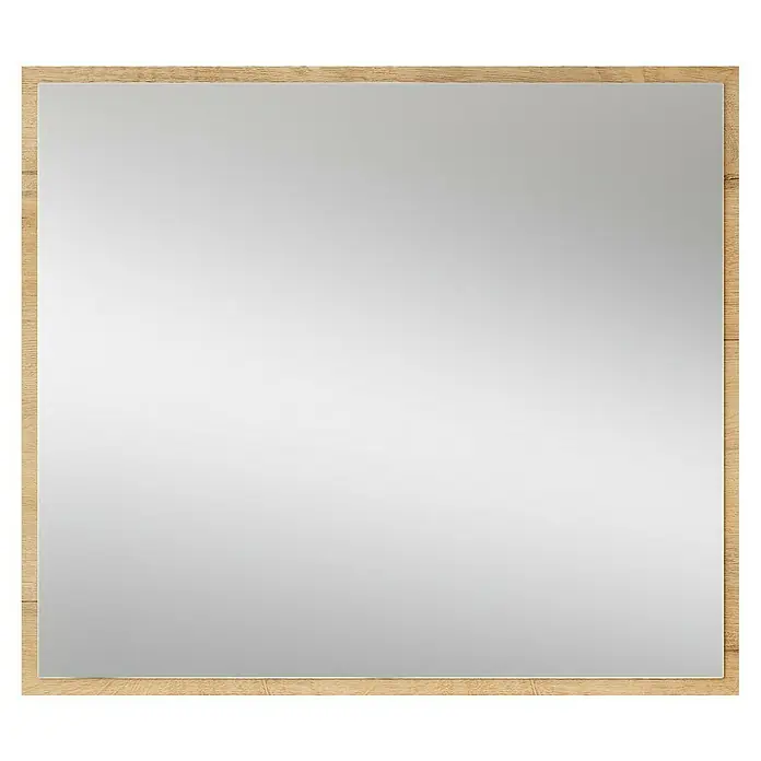 Espejo con marco Deco - 70 x 70 cm, Nogal - Un espejo cuadrado con marco de madera clara sobre un fondo negro. Perfecto para un baño o pasillo.