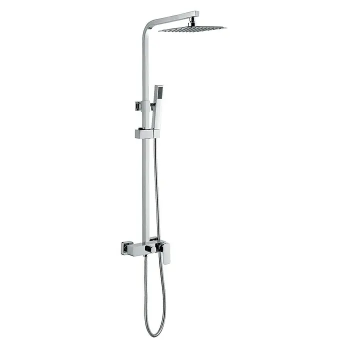 Imex Sistema de ducha Bremen - Con grifo monomando, Distancia entre orificios: 15 cm, Número de tipos de chorro: 1 ud., Cromo - Imagen de una elegante columna de ducha cromada cuadrada con rociadores de cabeza y mano para un diseño de baño moderno.