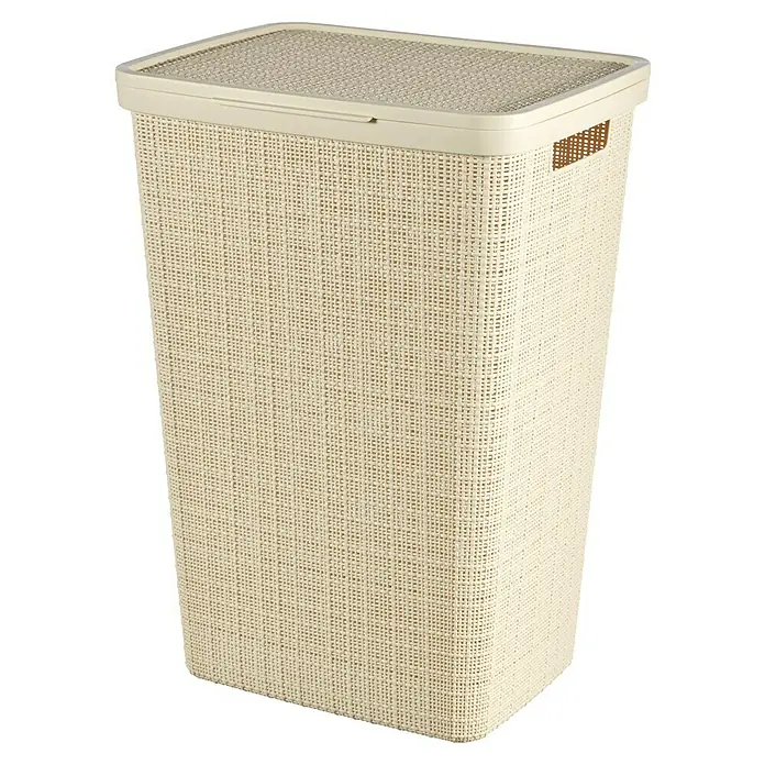 Curver Wäschesammler Jute - L x B x H: 43 x 34 x 58,2 cm, Cremeweiß - Ein rechteckiger Wäschekorb mit Deckel in einem hellen, neutralen Farbton. Der Korb hat eine gewebte Textur, die ihm ein natürliches Aussehen verleiht.