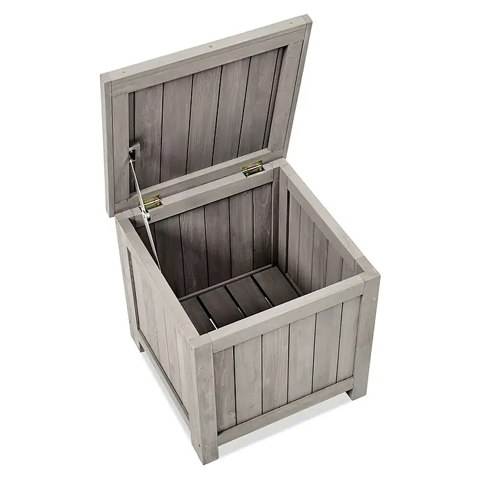 Butenkist Garten-Aufbewahrungsbox HILLE - Warm Grey, Holz - Ein grauer Holzkasten mit offenem Deckel, ideal für die Aufbewahrung im Garten oder auf der Terrasse.