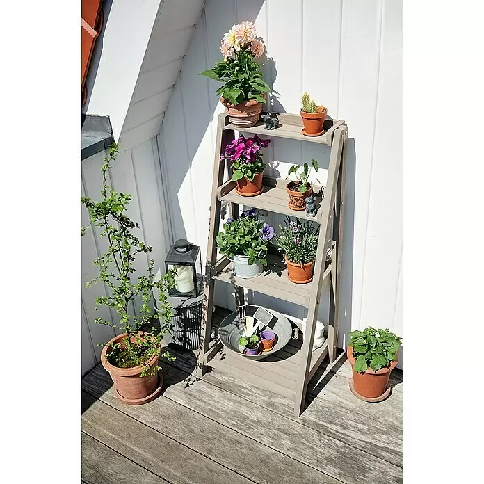 Butenkist Blumentreppe GESA - 40 x 48 x 105 cm, Nadelholz, Warm Grey - Ein graues, leiterförmiges Pflanzenregal aus Holz mit verschiedenen Topfpflanzen auf einem sonnigen Balkon.