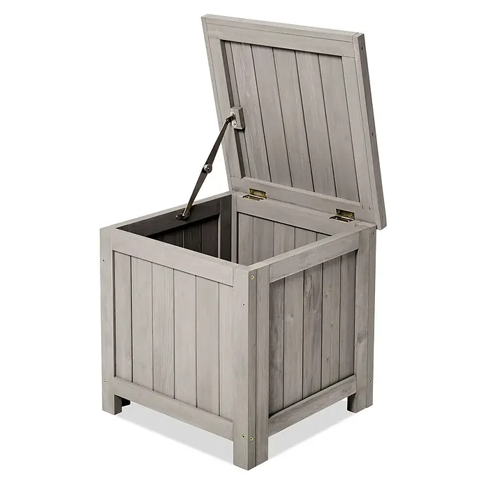 Butenkist Garten-Aufbewahrungsbox HILLE - Warm Grey, Holz - Graue Holz-Gartenbox mit offenem Deckel, ideal zur Aufbewahrung von Gartenutensilien und Spielzeug im Freien.
