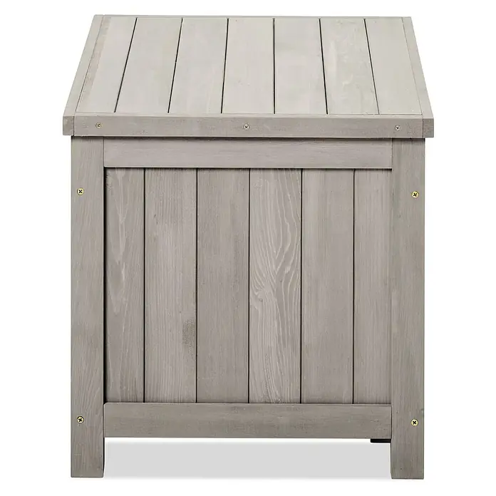 Butenkist Garten-Aufbewahrungsbox HILLE - Warm Grey, Holz - Graue Gartenbox aus Holz mit schrägem Deckel und vertikalen Brettern, ideal zur Aufbewahrung im Außenbereich.