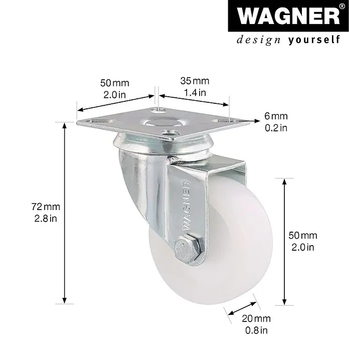 Wagner System Apparate-Lenkrolle - Durchmesser Rollen: 50 mm, Traglast: 50 kg - Nahaufnahme eines Lenkrollenrades mit den Maßen 72 mm Höhe, 50 mm Durchmesser und 20 mm Breite.