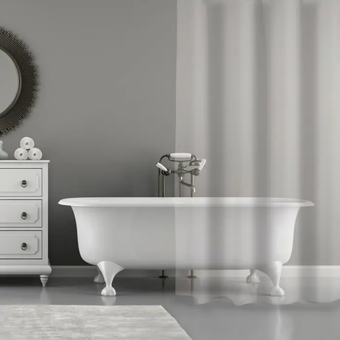 Spirella Cortina de baño - An x Al: 120 x 200 cm, Plástico, Transparente - Bañera independiente de estilo vintage con un diseño de grifería elegante y un tocador a juego para un ambiente de baño lujoso.