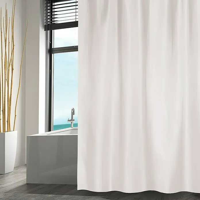 Spirella Cortina de baño - An x Al: 180 x 200 cm, Plástico, Blanco - Un baño sencillo con una cortina de ducha blanca, bañera y decoración minimalista para un ambiente relajante.