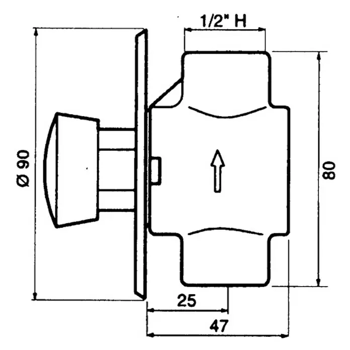 Grifo de ducha temporizada - Cromo, Brillante - Un dibujo técnico de un pestillo giratorio con dimensiones, ideal para especificaciones de producto.