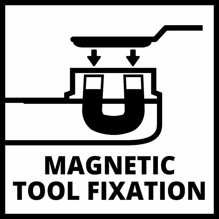 Einhell Elektro-Multifunktionswerkzeug TC-MG 250 CE - 250 W - Symbol für magnetische Werkzeugfixierung. Ein Magnet hält ein Werkzeug, dargestellt durch eine Pfanne, sicher fest.