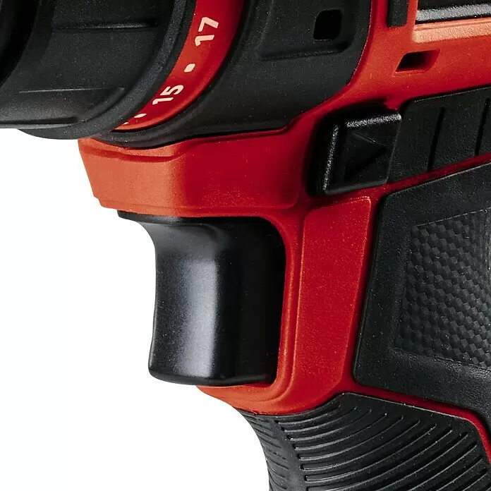 Einhell Power X-Change 18V Akku-Bohrschrauber TE-CD 18/45 3X-Li +22 - 18 V, 1 Akku, 2 Ah - Nahaufnahme eines rot-schwarzen Akku-Bohrschraubers mit Abzug, Richtungsschalter und Drehmomenteinstellung (15-17).