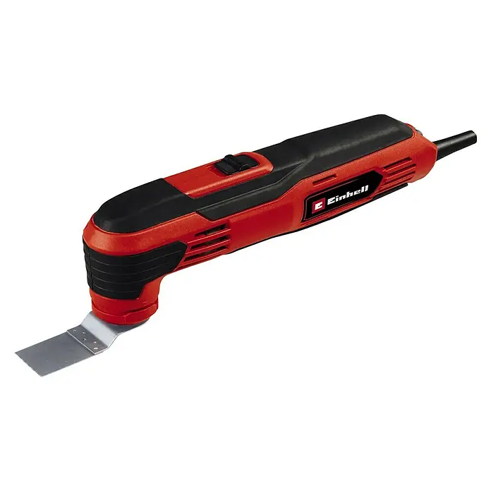 Einhell Elektro-Multifunktionswerkzeug TC-MG 250 CE - 250 W - Ein rotes und schwarzes Einhell-Multifunktionswerkzeug mit einem silbernen Metalleinsatz. Ideal für Renovierungs- und Reparaturarbeiten.