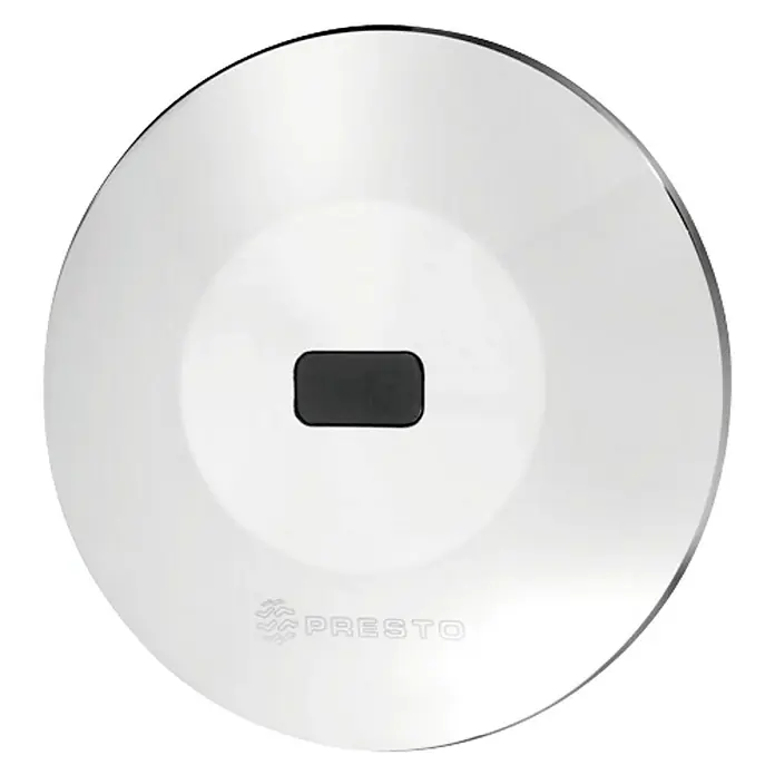 Grifo de descarga electrónico para urinario e inodoro Domo - 120 mm, Acero inoxidable - Tapa Presto de acero inoxidable con un pomo negro en el centro y el logotipo de Presto en la parte frontal.