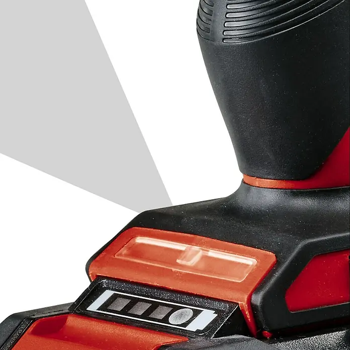 Einhell Power X-Change 18V Akku-Bohrschrauber TE-CD 18/45 3X-Li +22 - 18 V, 1 Akku, 2 Ah - Detailansicht eines Akku-Schraubers mit Akkuanzeige und LED-Licht. Der Schrauber ist rot und schwarz.