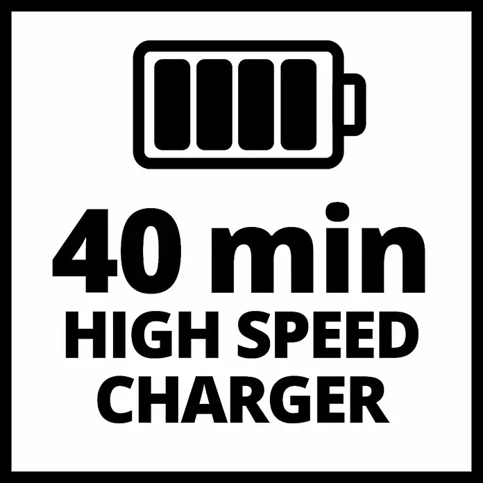 Einhell Power X-Change 18V Akku-Bohrschrauber TE-CD 18/45 3X-Li +22 - 18 V, 1 Akku, 2 Ah - Bild von einem 40-Minuten-Hochgeschwindigkeitsladegerät mit einem Batteriesymbol, das ein schnelles und effizientes Laden anzeigt.