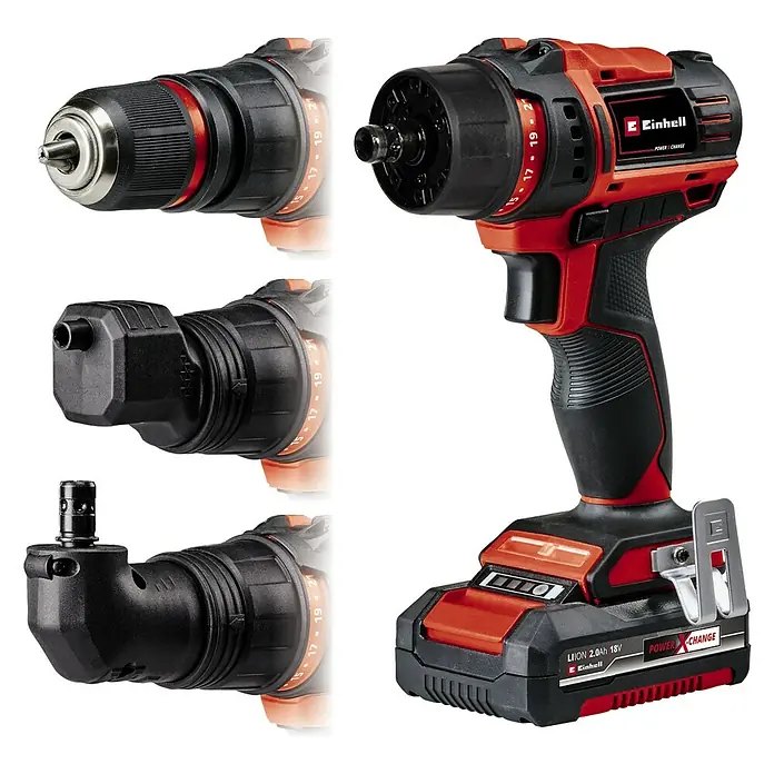 Einhell Power X-Change 18V Akku-Bohrschrauber TE-CD 18/45 3X-Li +22 - 18 V, 1 Akku, 2 Ah - Abbildung eines Einhell Akku-Bohrschraubers mit verschiedenen Aufsätzen, der Vielseitigkeit für diverse Schraubarbeiten bietet.
