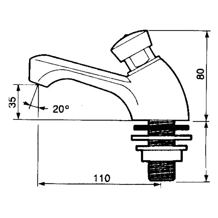 Grifo con temporizador 605 - Cromo - Dibujo técnico de un grifo con dimensiones de altura, longitud y ángulo.