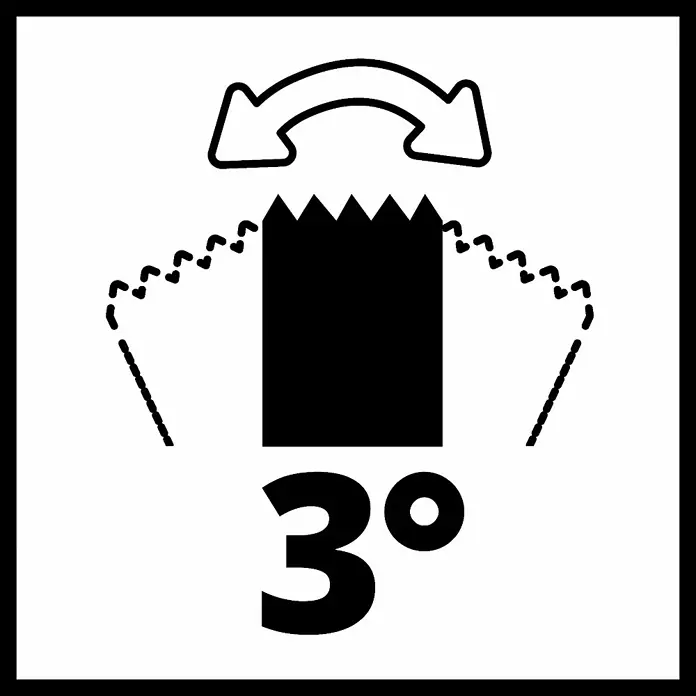 Einhell Elektro-Multifunktionswerkzeug TC-MG 250 CE - 250 W - Symbol für eine Papiertüte, die sich um 3 Grad neigt, mit einem Pfeil, der die Bewegung anzeigt. Das Bild ist schwarz auf weißem Grund.