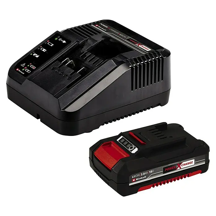 Einhell Power X-Change 18V Akku-Bohrschrauber TE-CD 18/45 3X-Li +22 - 18 V, 1 Akku, 2 Ah - Abbildung eines Einhell Power X-Change Akkus und Ladegeräts. Ideal zum Laden und Betreiben von Werkzeugen im Einhell System.