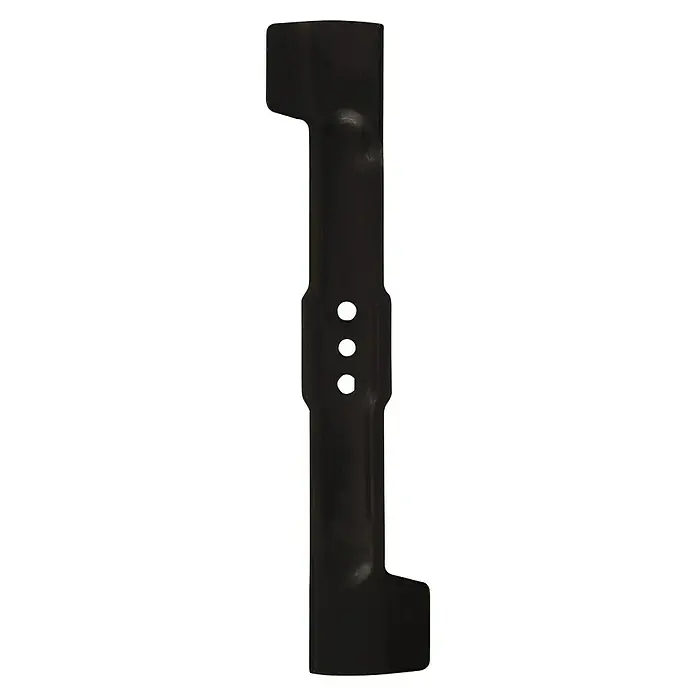 Einhell Ersatzmesser für Rasenmäher - Einhell Rasenmäher RASSARO 36/42 - Ein schwarzes Rasenmähermesser mit drei Löchern in der Mitte und verbreiterten Enden.