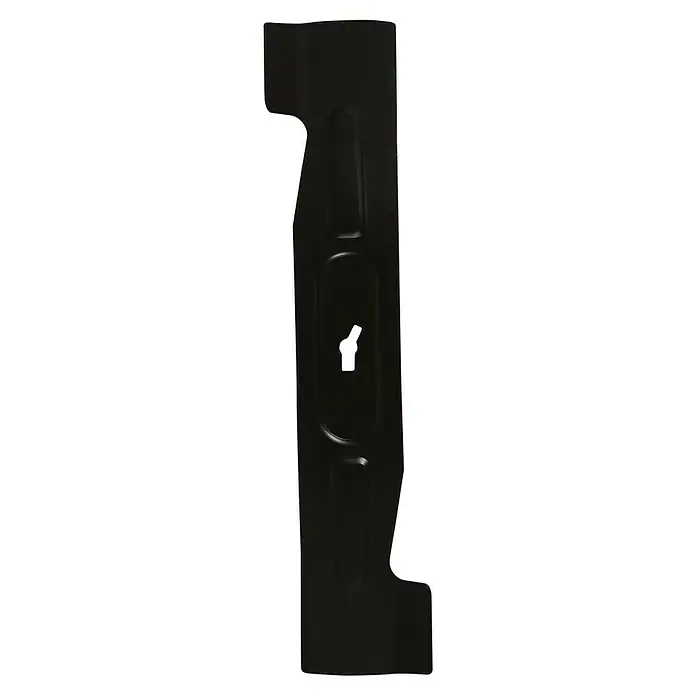 Einhell Ersatzmesser für Rasenmäher - Einhell Akku-Rasenmäher GE-CM 18/32 Li-Solo - Nahaufnahme eines Rasenmähermessers in Schwarz, das ein Loch in der Mitte hat und eine interessante Form aufweist.