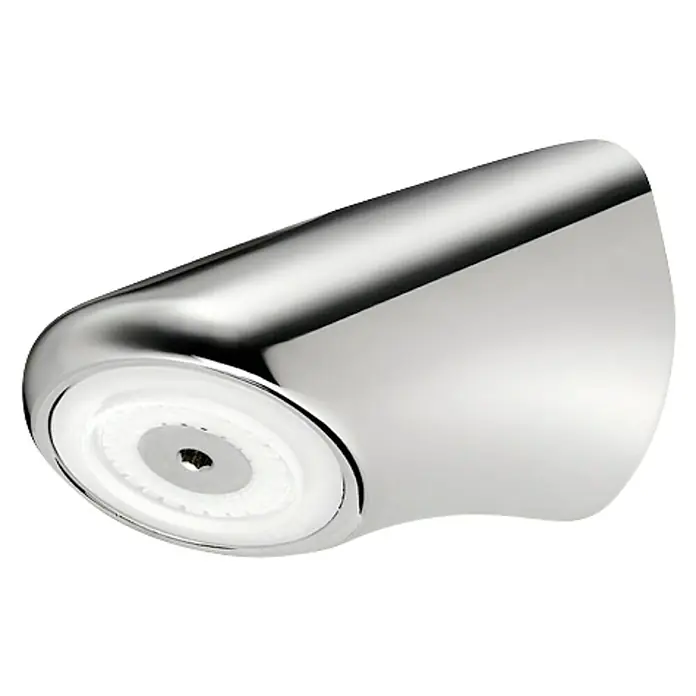 Rociador de ducha antivandálico Arte - Cromo - Primer plano de un moderno cabezal de ducha cromado con una placa de rociado blanca, ideal para un diseño de baño elegante.