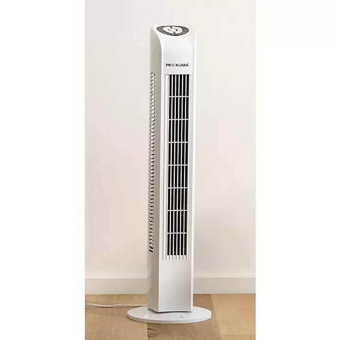 Proklima Turmventilator - Weiß, 78 cm, 50 W - Weißer Pro Kuma Säulenventilator mit Frontgitter und Bedienelementen oben, aufrecht stehend.