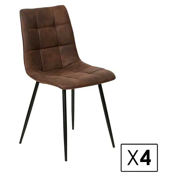 Silla Ivy - Chocolate, 4 ud. - Imagen de un conjunto de cuatro sillas de comedor marrones con asiento acolchado y elegantes patas de metal negro para un estilo moderno.