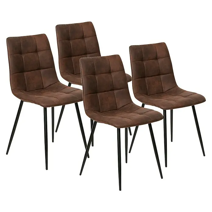 Silla Ivy - Chocolate, 4 ud. - Un primer plano de cuatro sillas de comedor marrones con costuras cuadradas y patas de metal negro sobre un fondo negro.