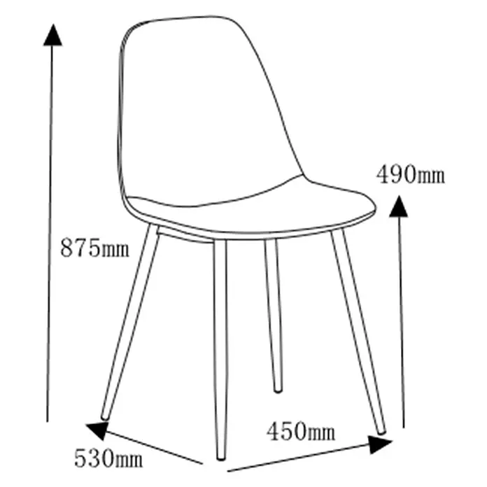 Silla Margot - Pizarra, 4 ud. - Esquema de una silla con dimensiones de 875 mm de altura, 490 mm de altura del asiento, 450 mm de ancho y 530 mm de profundidad.