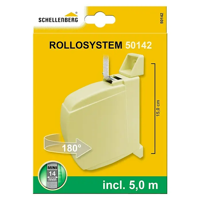 Schellenberg Recogedor de cinta de persiana 50142 - Anchura de la correa: 14 mm, Giratorio 180°, Beige - Imagen de un Schellenberg RolloSystem 50142, beige, con una longitud de cinta de 5,0 m y un tamaño de 15,0 cm.