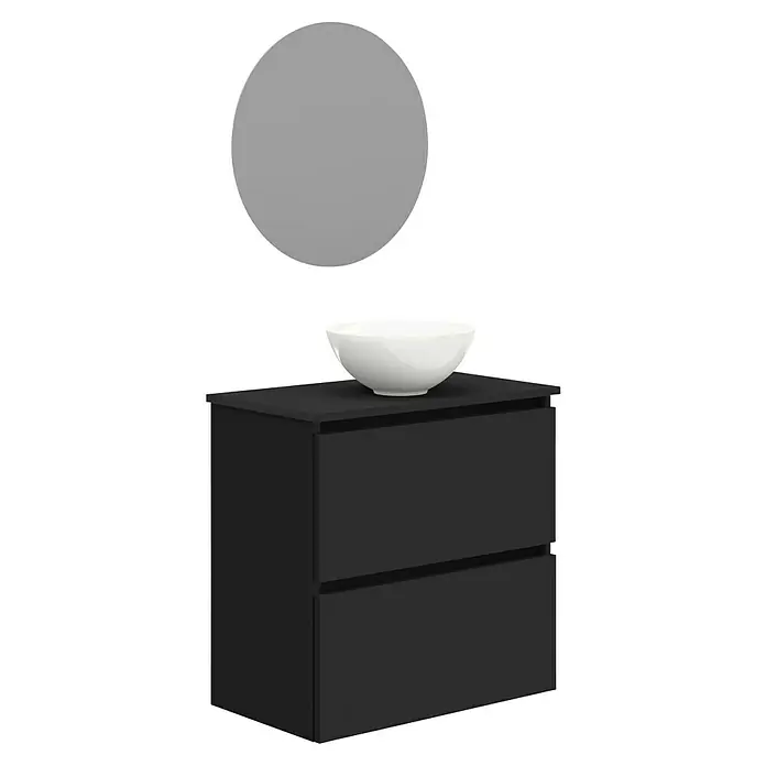Artysan Conjunto de mueble de baño Nuca - Ancho: 60 cm, Negro, 3 pzs. - Se muestra un moderno mueble de baño con un armario negro y un espejo redondo. El elegante lavabo de cerámica complementa su diseño minimalista.