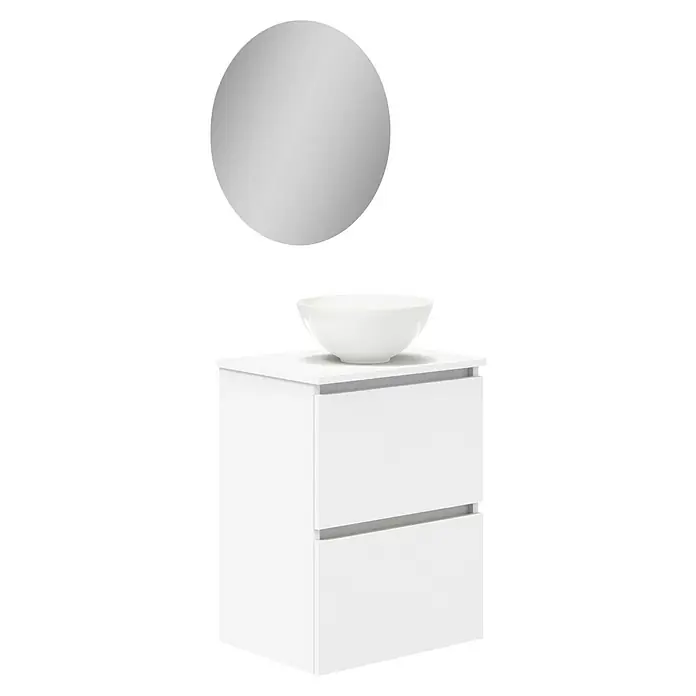 Artysan Conjunto de mueble de baño Nuca - Ancho: 45 cm, Blanco, 3 pzs. - Un moderno mueble de baño en blanco con un lavabo sobre encimera y un espejo redondo encima.