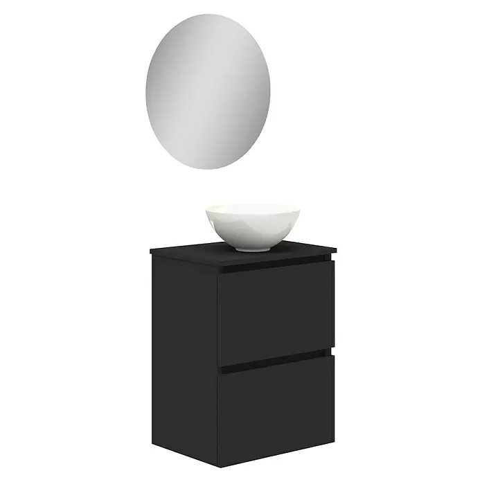 Artysan Conjunto de mueble de baño Nuca - Ancho: 45 cm, Negro, 3 pzs. - Elegante conjunto de baño con un moderno mueble gris, un espejo redondo y un elegante lavabo sobre encimera.