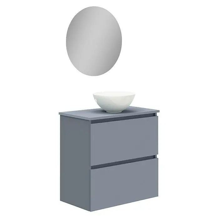 Artysan Conjunto de mueble de baño Nuca - Ancho: 60 cm, Azul, 3 pzs. - Un tocador de baño moderno en gris con un espejo redondo y un lavabo sobre encimera blanco, que ofrece un diseño elegante.