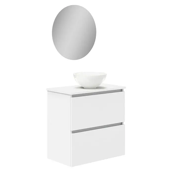 Artysan Conjunto de mueble de baño Nuca - Ancho: 60 cm, Blanco, 3 pzs. - Un moderno conjunto de baño con un espejo redondo sobre un mueble de lavabo blanco con lavabo. Diseño simple y elegante.