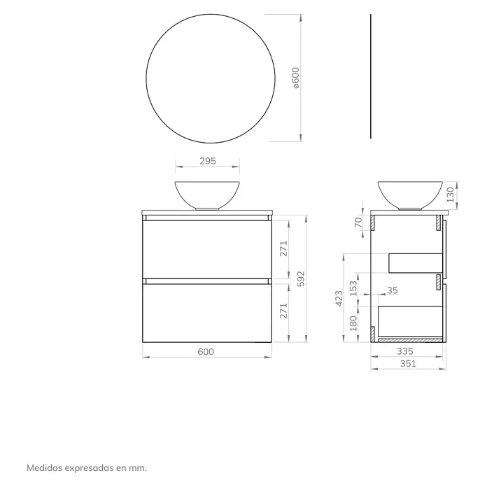 Artysan Conjunto de mueble de baño Nuca - Ancho: 60 cm, Blanco, 3 pzs. - Dibujo técnico del conjunto de muebles de baño con espejo y mueble bajo lavabo, dimensiones en milímetros.